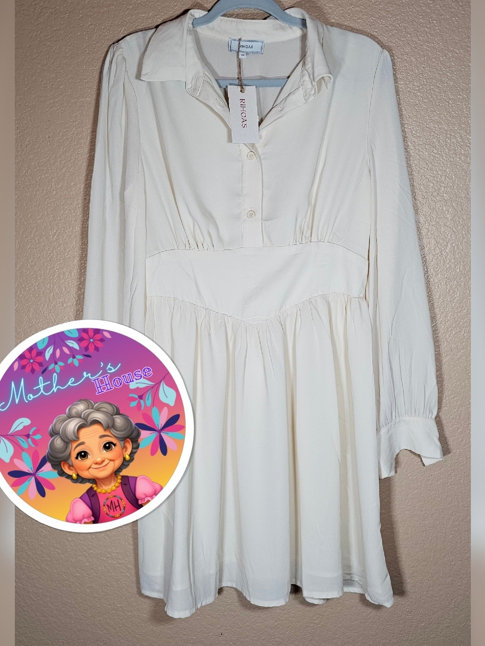 RIHOAS Cream Long-Sleeve Collared Womens' Dress